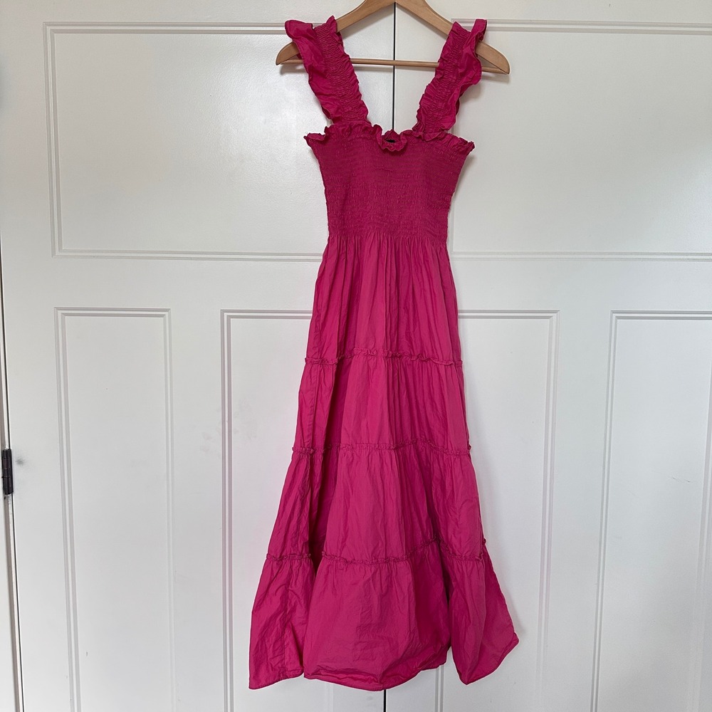 Quince Dress Womens S Midi Organic Cotton Smocked Lipstick Pink Tiered Ruffle